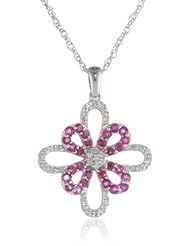 Sterling Silver Blue Sapphire or Ruby and Diamond Flower Pendant Necklace (0.07 cttw, I-J Color, I2-I3 Clarity), 18"