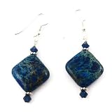 Sterling Silver Aqua Terra Jasper Dangle Earrings Dark Blue Diamond