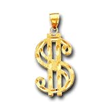 14K Solid Yellow Gold Big Dollar $ Sign Charm Pendant