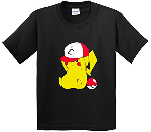 New Way 522 - Youth T-Shirt Pikachu Trainer Hat Pokeball Pokemon GO Large Black