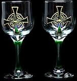 Celtic Glass Designs Set of 2 Hand Painted Wine Glasses in a Celtic Cross Design.