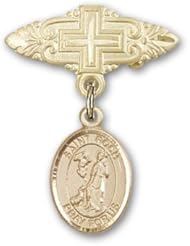 14K Gold Baby Badge with St. Roch Charm and Badge Pin with Cross