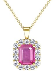 14K Yellow Gold Emerald Cut Pink Sapphire And Round Diamond Pendant