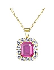 18K Yellow Gold Emerald Cut Pink Sapphire And Round Diamond Pendant