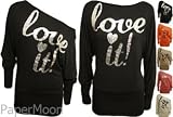 Ladies Glitter Print Batwing Womens Stretch Off Shoulder Long Sleeve Top Sizes 8 / 10 , 12 / 14