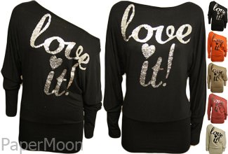 Ladies Glitter Print Batwing Womens Stretch Off Shoulder Long Sleeve Top Sizes 8 / 10 , 12 / 14