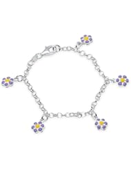 Unicornj Sterling Silver Childrens Bracelet with Purple and Yellow Flower Charms