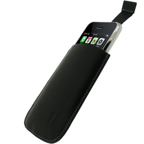 iGadgitz Black Genuine Leather Pouch Case Cover with Pull-Out Ribbon for Apple iPhone 3G & 3GS 8gb, 16gb & 32gb