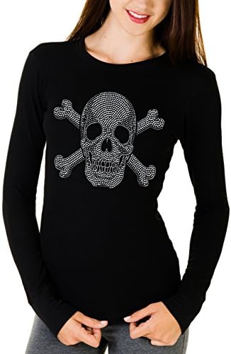 Skull Rhinestone Long Sleeve Womens Thermal (Medium, Black)