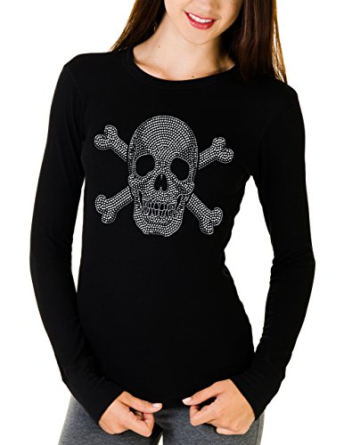 Skull Rhinestone Long Sleeve Womens Thermal (Medium, Black)