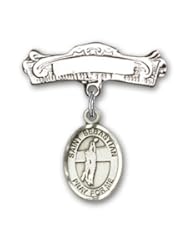 Sterling Silver Baby Badge with St. Sebastian Volleyball Charm and Arched Polished Badge Pin