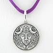 Round Triple Moon Goddess Blessing Pendant in Sterling Silver on Purple Satin Cord, #8650