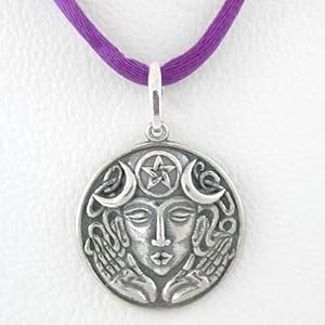 Round Goddess Blessing Triple Moon Pendant in Sterling Silver on Purple Satin Cord, #8650
