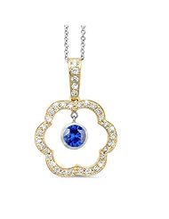 Open Carnation Floral Diamond Pendant With A Round Center Stone In 18K Yellow Gold With A 0.65 ct. Genuine Blue Sapphire Center Stone.