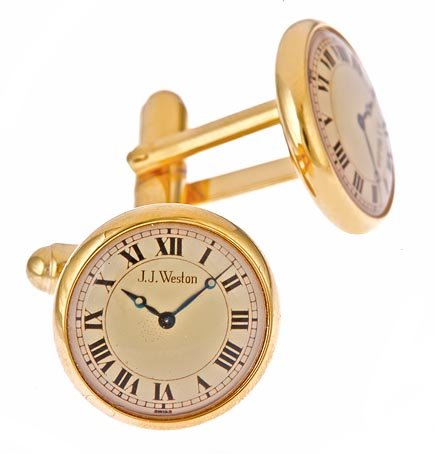 Gold plated cufflinks with a vintage clock image with presentation box. Made in the U.S.A