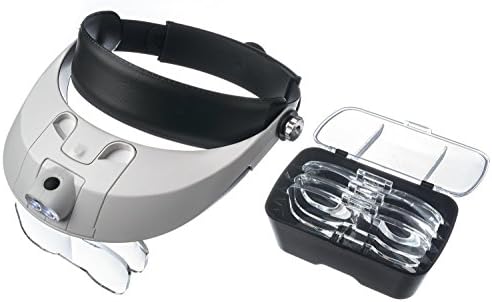 SPANE Handsfree Head Mount Magnifier with Detachable LED Head Lamp - 5 Replaceable and Interchangeable Lenses. Comfortable Fit and Adjustable Helmet Band - High Quality ABS Molded Acrylic Lens