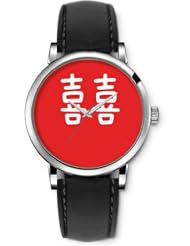 SPRAWL Aanalog Fashion Series Silver Ladies Watches of Genuine Black Leather Strap,Unique Wrist Watch for Women Girls Designed with Chinese characters on red background , happiness