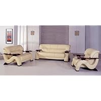 Contemporary Beige Leather Sofa Loveseat Chair Living Room Set