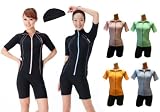 キャップ付106フィットネス水着★ジッパー調整で襟★半袖セパレート★レディース女性用フロントジッパー (ブラック&ブルー, 9Mサイズ)