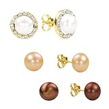 Diamond Fascination 14K Yellow Gold 3 Piece Pearl Earrings Set - White/Chocolate/Pink Pearl Studs w/ Interchangable Diamond Accent Earring Jacket