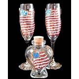 America s Flag Design - Hand Painted - Large Heart Bottle with cork top & 2 matching Flutes