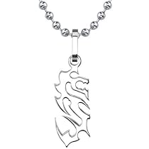 Oriental Charm: Designer Inspired Titanium Brushed Finish Dragon Pendant on a Stainless Steel Ball Chain