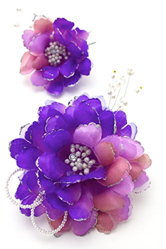 髪飾り 2点セット 紫 パープル 花 牡丹 パール ラメ [成人式/振袖/卒業式/袴/結婚式/着物/和装]
