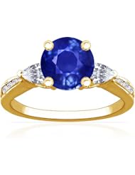 18K Yellow Gold Round Cut Blue Sapphire Ring With Sidestones