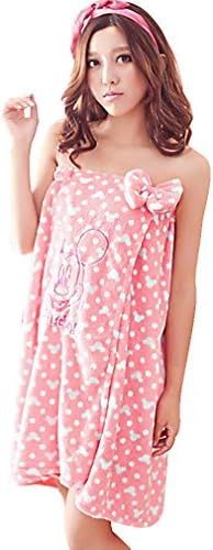 Bath Pleasure, Women's Girl's Coral Fleece Bath Towel Robe Mickey Mouse BR002, Pink