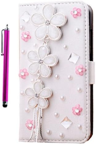 Aenmil(TM) Handmade 3D Bling PU Leather Wallet for Apple iphone 5C Rhinestone Design Diamond Case Cover and Free Gift Pink Touch Pen (Flower)
