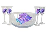 ArtisanStreet's Clear Crystal Dessert Set. Beautiful 5 Piece Set includes 4 Cordial Glasses & Serving Dish All Hand Painted in Floral Design of Blue Hydrangeas & Lilacs. One of a Kind, Signed by Artisan