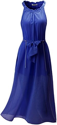 SUNNYCI Women's Ruffle Neck Sleeveless Ball Gown Long Dress NAVY Size L
