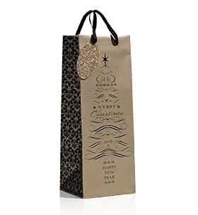 Extra Wide Black & Gold Text Tree Christmas Bottle Bag