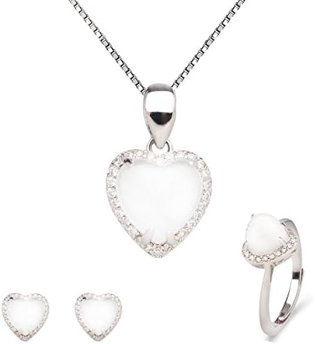 18K White Gold Plated Sterling Silver Natural White Jade Pendant Necklace, Rings, Earrings 18" YBJ-116