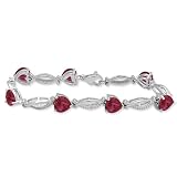 Sterling Silver Heart Created Ruby and Genuine White Diamonds Bracelet, 7.25"