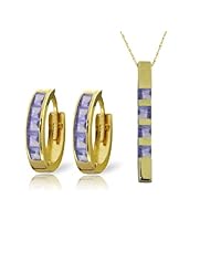 14k Yellow Gold Jewelry Set: Natural Tanzanite Pendant Necklace and Huggie Hoop Earrings