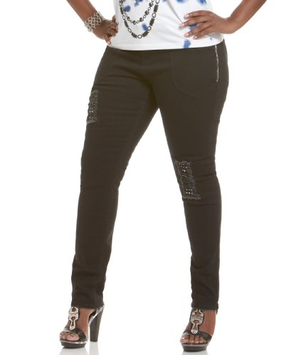 Dereon Plus Size Jeans - Skinny Destructed Zipper Pockets Onyx Wash