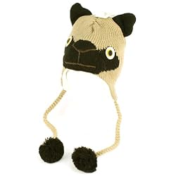 Winter Knit Pug Dog Puppy Animal Trooper Trapper Lined Ski Pom Pom with Tail Hat Cap