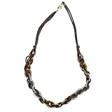 JousJous.com Brown Leather Gold and Silver Links Handmade Necklace, Matinee Length, 20" Long