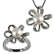 Morning Bloom White Cultured Pearl Cubic Zirconia Platinum Overlay Sterling Silver Pendant Necklace 16" & Ring Set