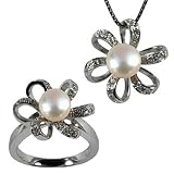 Morning Bloom White Cultured Pearl Cubic Zirconia Platinum Overlay Sterling Silver Pendant Necklace 16" & Ring Set