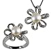 Morning Bloom White Cultured Pearl Cubic Zirconia Platinum Overlay Sterling Silver Pendant Necklace 16" & Ring Set