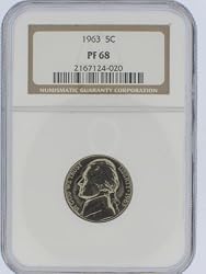 Jefferson Nickel Coin 1963 Proof - Graded by Numismatic Guaranty Corporation (NGC) Proof 68 (PF68)