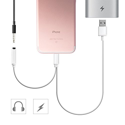 For iPhone 7 Headphone and USB Charger Adapter to Audio Jack Cable Adaptor with USB Charging and EarPods Port Adapter for iPhone 7 7Plus (White)