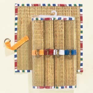 Patio Stripe Straw and Fabric Placemats with Napkin Rings - Set of 4