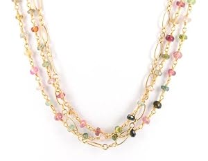 Triple Strand Tourmaline Gemstone Beaded and Figaro Chain Necklace, 15 1/2" Length, #7550