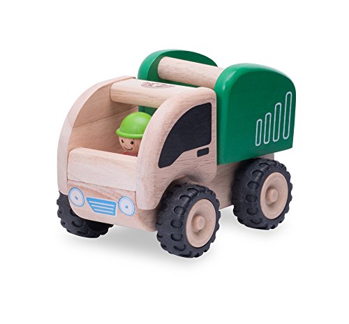Wonderworld Green Miniature Wooden Dumper Push Toy - Real Rubber Tires +  Bonus Driver Included