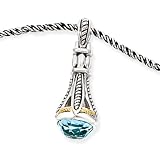 925 Silver & Blue Topaz Long Fancy Drop Pendant with 14k Gold Accents