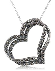 Sterling Silver and Oxidized Marcasite Double-Heart Pendant Necklace, 18"