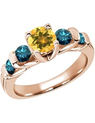 1.58 Ct Round Yellow Citrine Blue Diamond 18K Rose Gold Ring